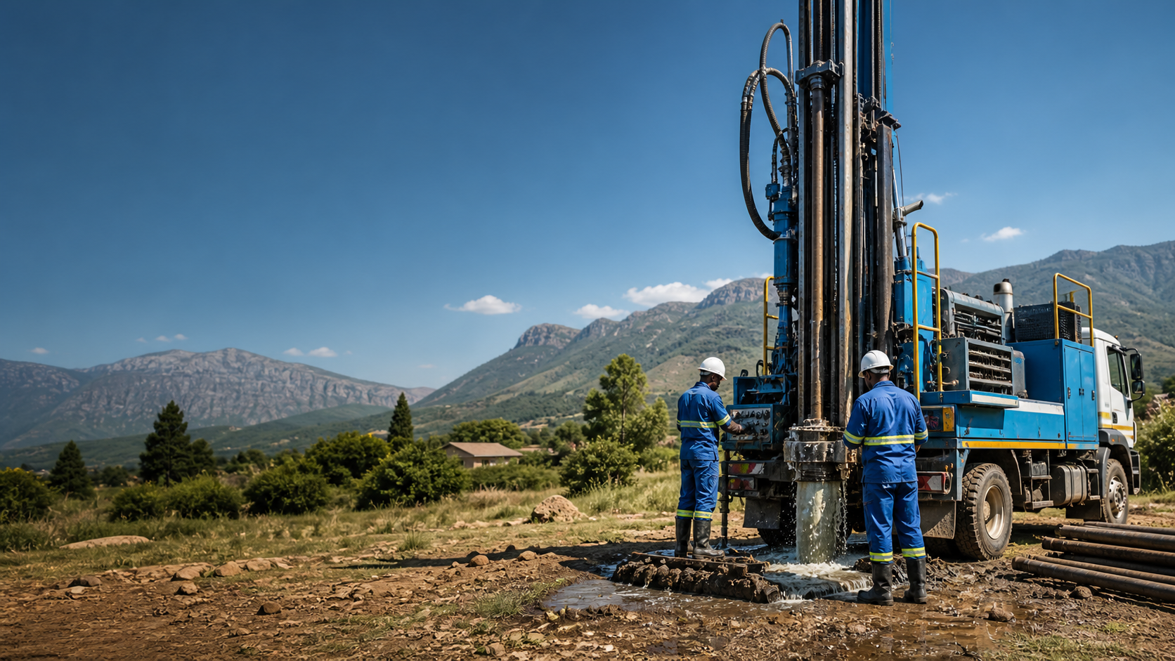 Borehole drilling rig and technicians